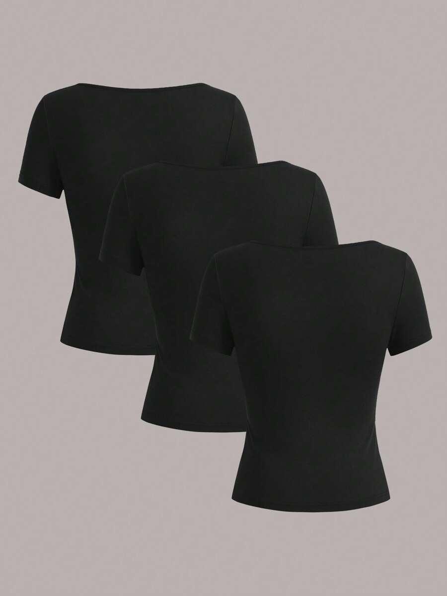 czarna dopasowana bluzka kwadratowy dekolt 3 pack