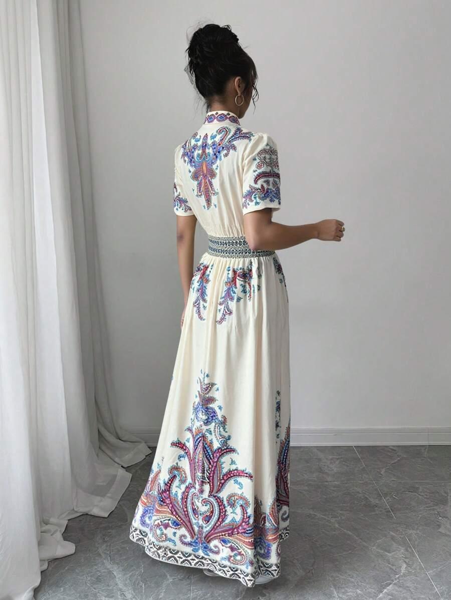 maxi sukienka krótki rękaw v neck wzór