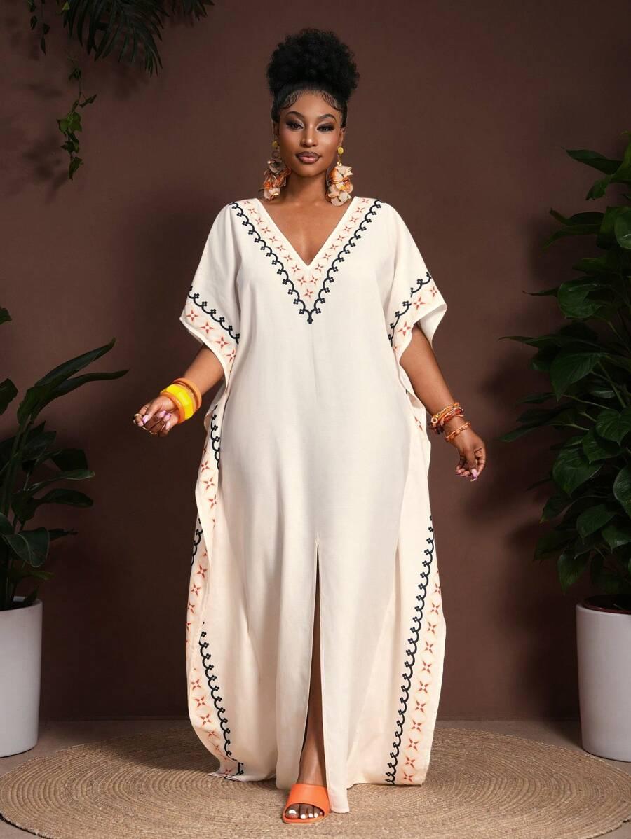 beżowa maxi sukienka v neck wzór 