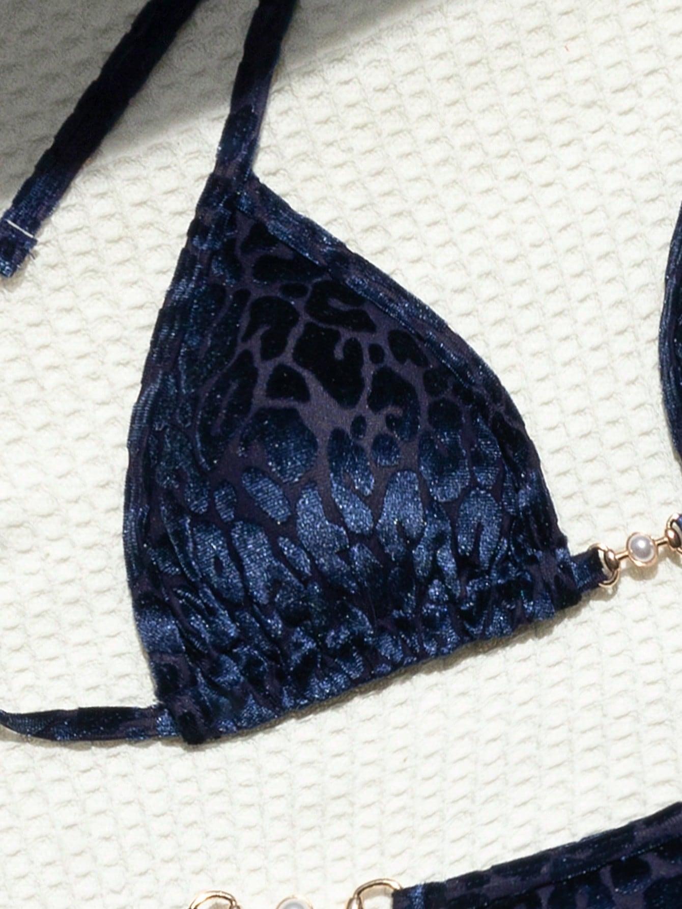granatowy komplet bikini print 