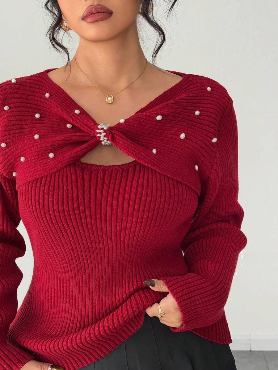 CZERWONY SWETER ZDOBIENIE 