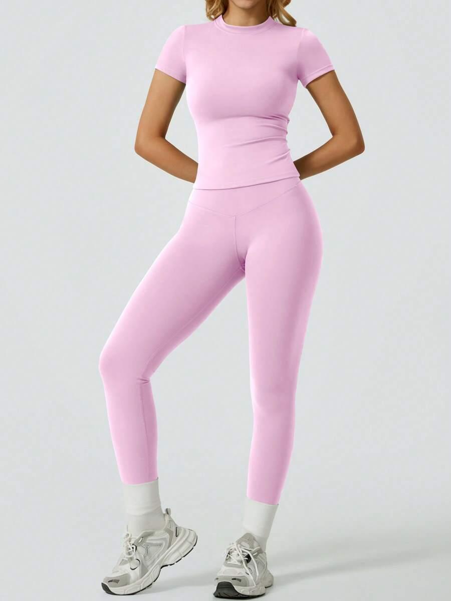 różowy komplet legginsy top