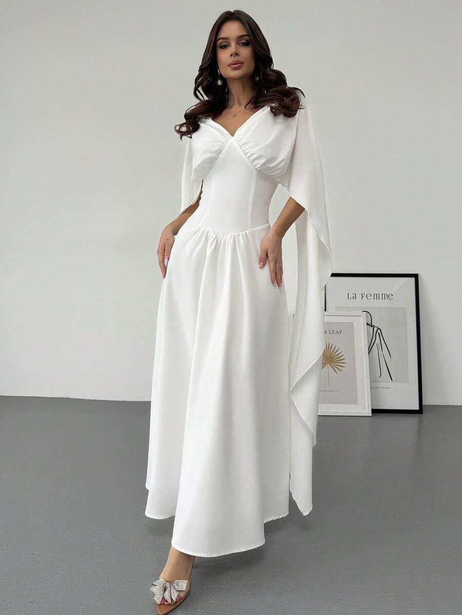 biała maxi sukienka v neck