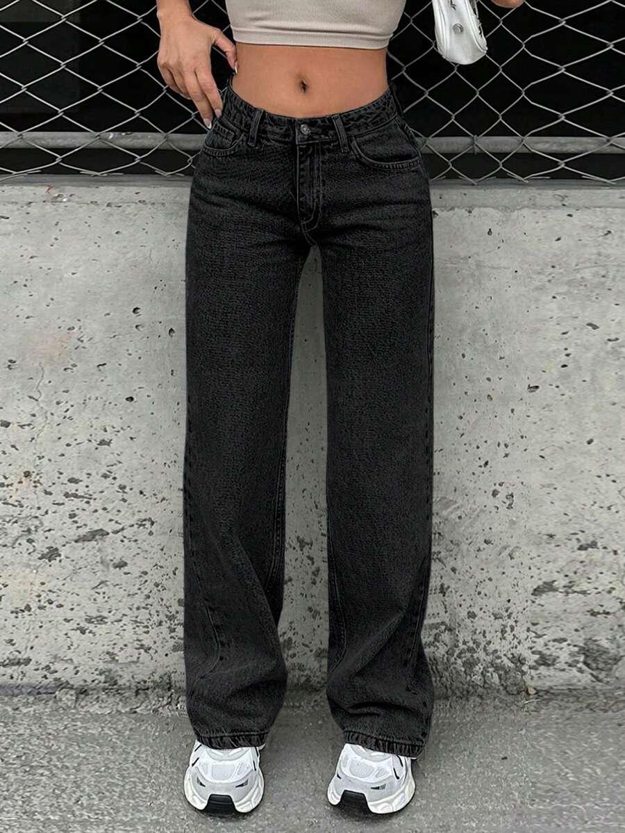 CZARNE SPODNIE JEANS SZEROKA NOGAWKA