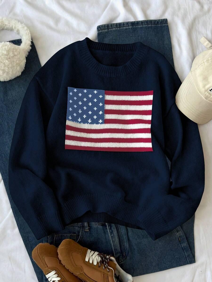 granarowy sweter okrągły dekolt flaga 