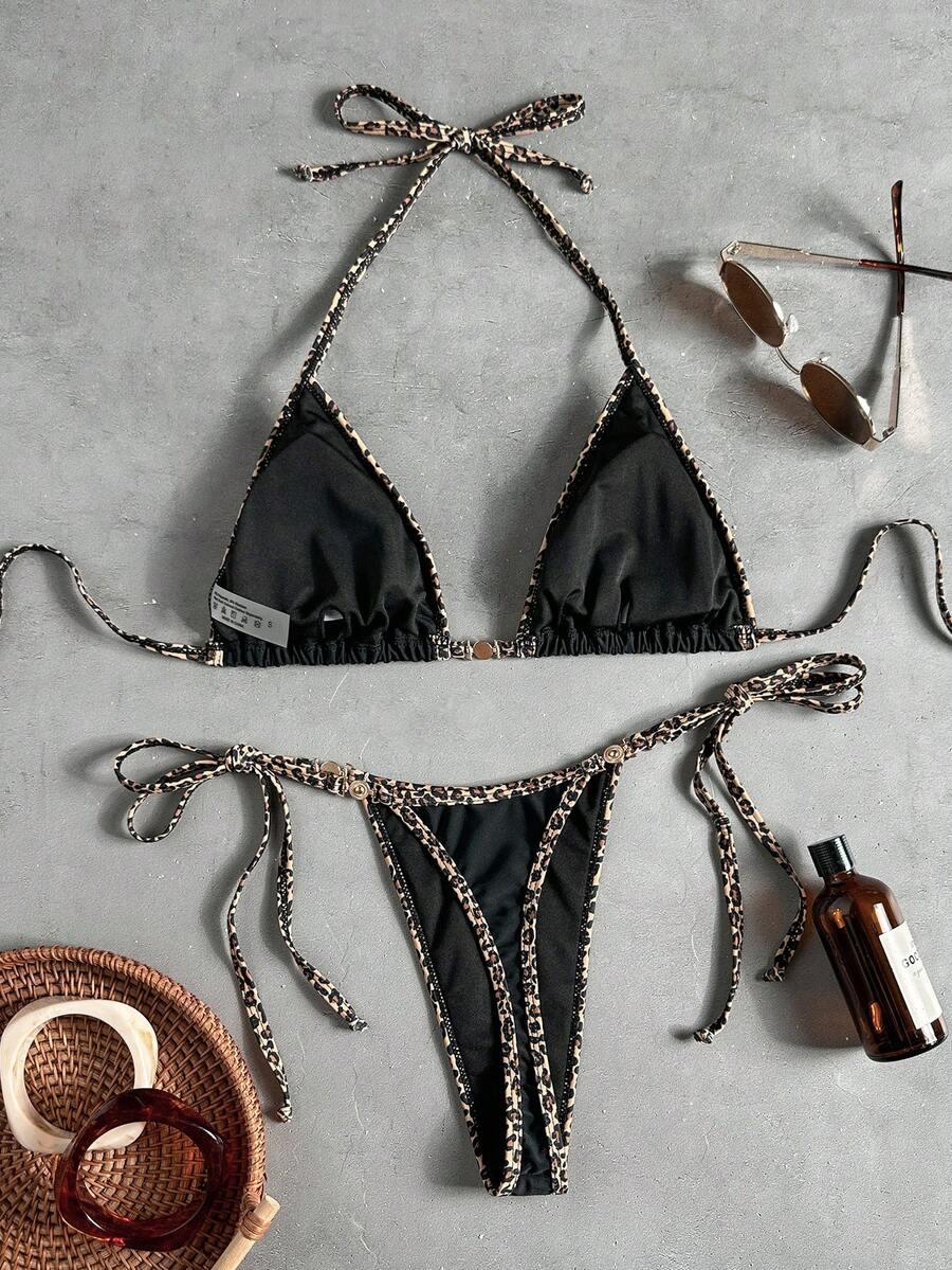 KOMPLET BIKINI WIĄZANY Z LAPASEM W PANTERKĘ