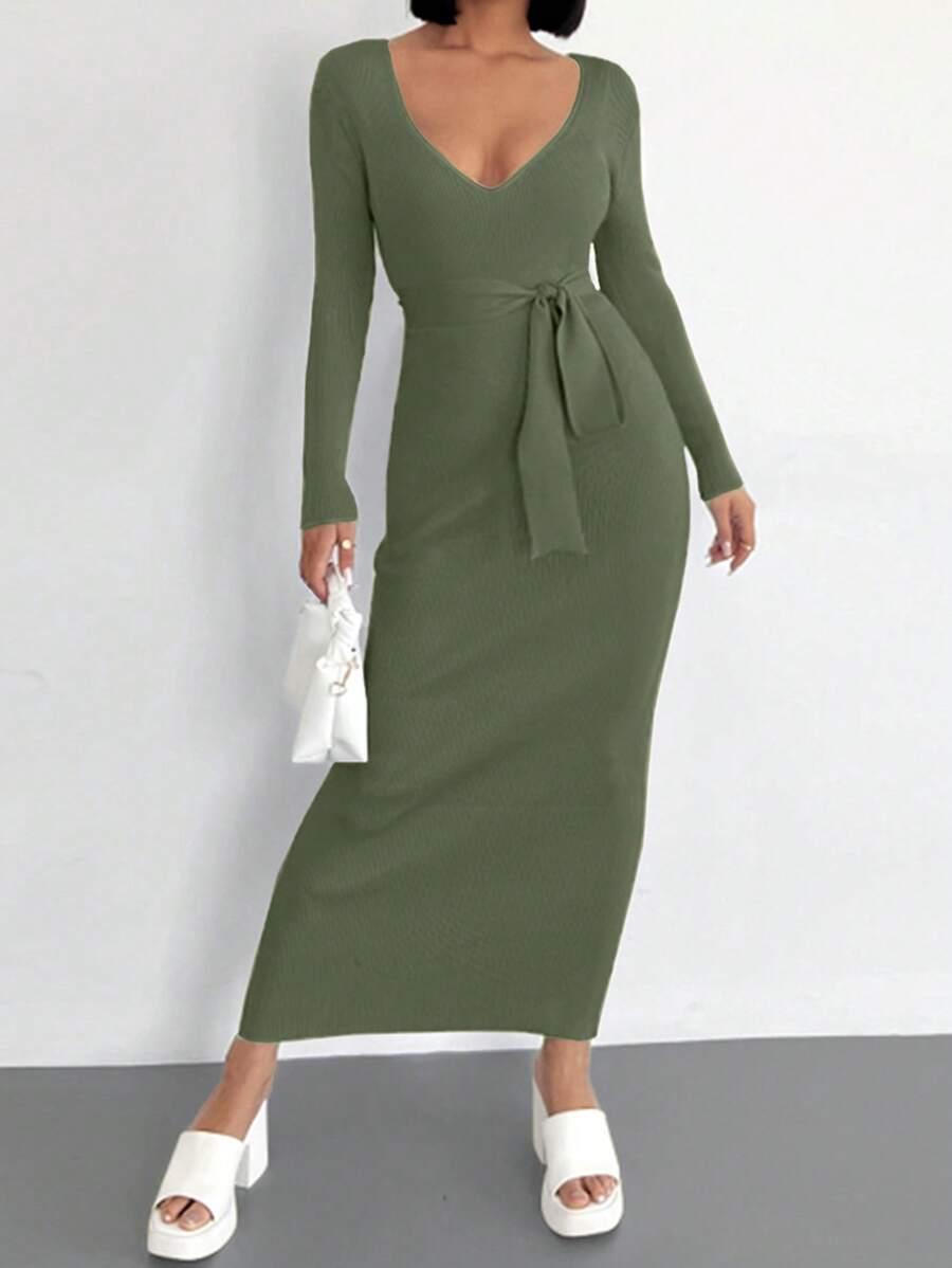 OŁÓWKOWA MAXI SUKIENKA v neck