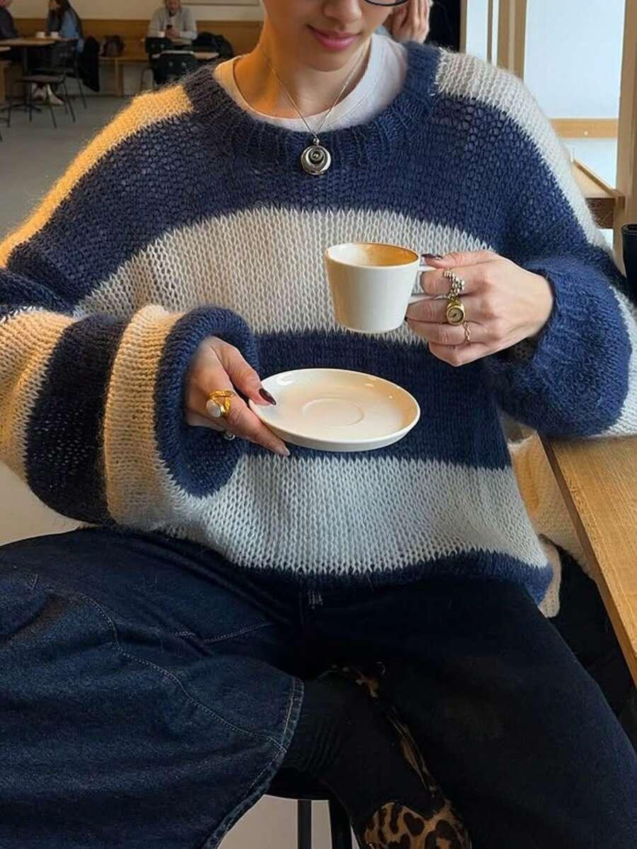 sweter w paski z domieszką wełny