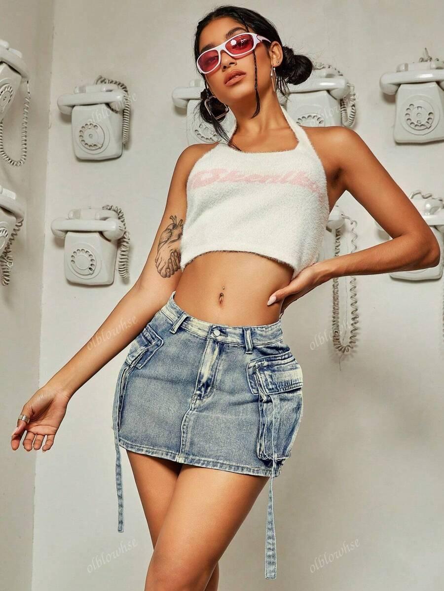 niebieska jeansowa mini spódnica