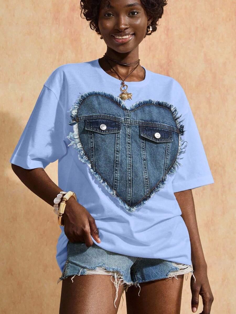 NIEBIESKI T-SHIRT OKRĄGŁY DEKOLT