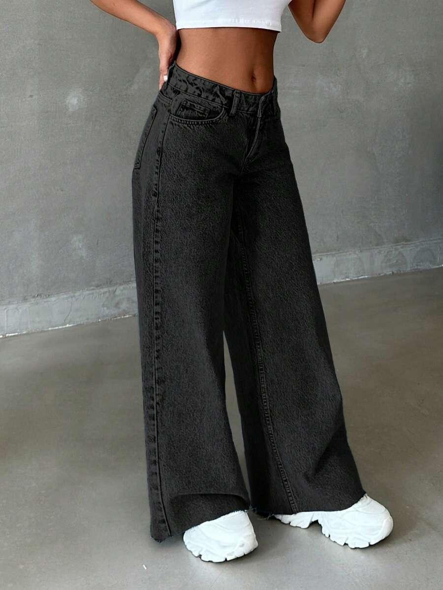CZARNE SPODNIE JEANS SZEROKIE NOGAWKI 
