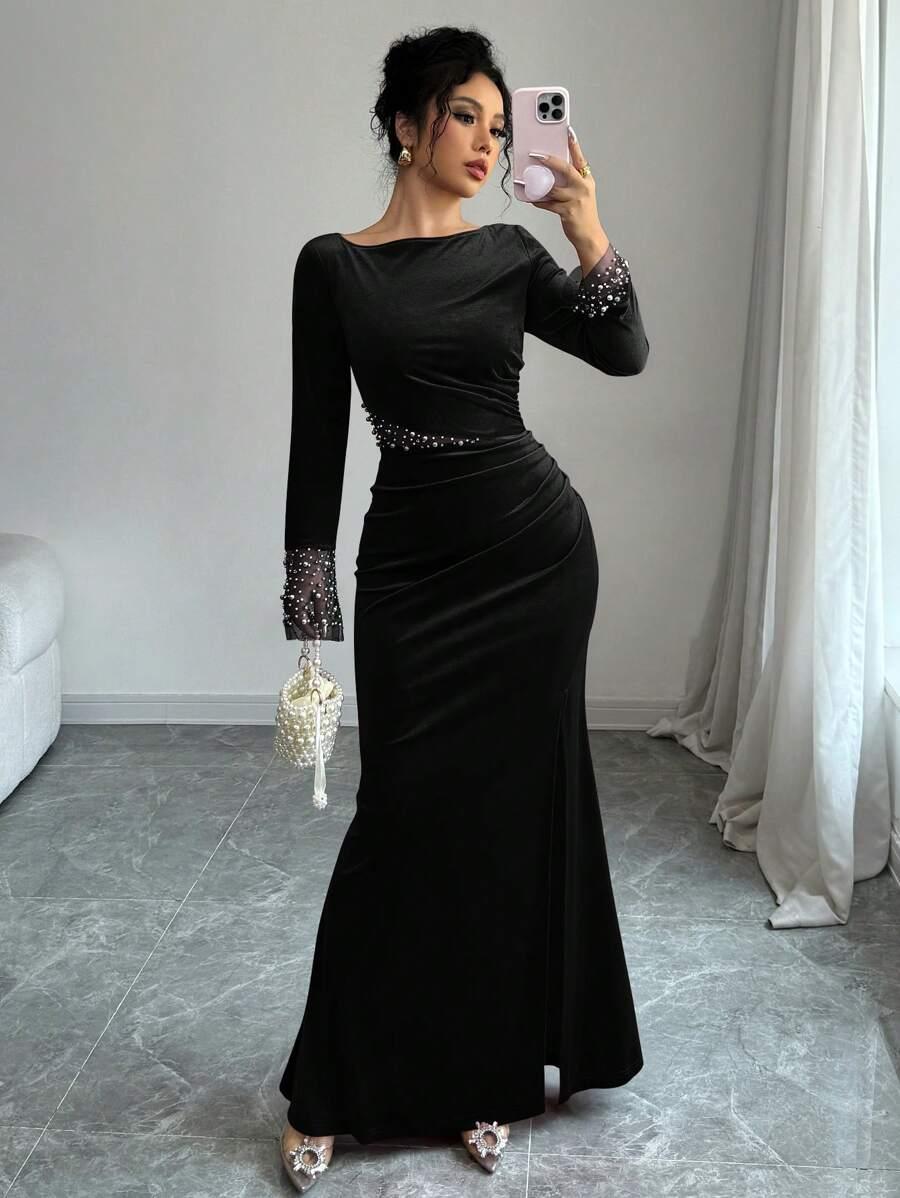 CZARNA MAXI SUKIENKA ZDOBIENIE