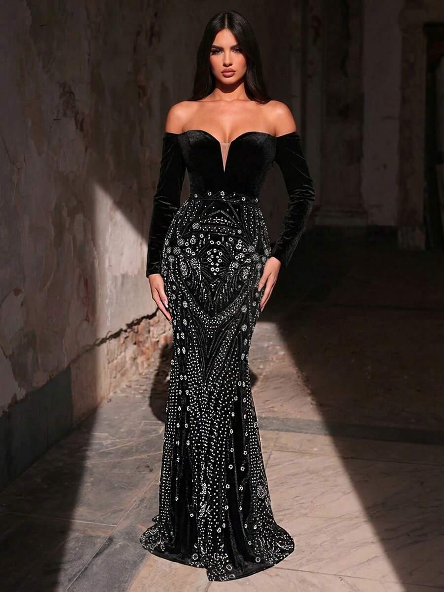 czarna sukienka maxi zdobienia 