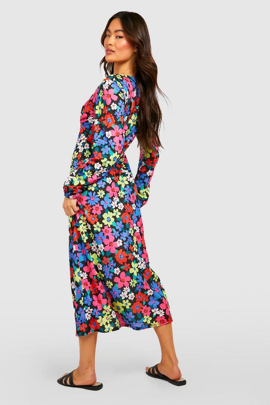 midi sukienka z długim rękawem v-neck wzór kwiatowy 