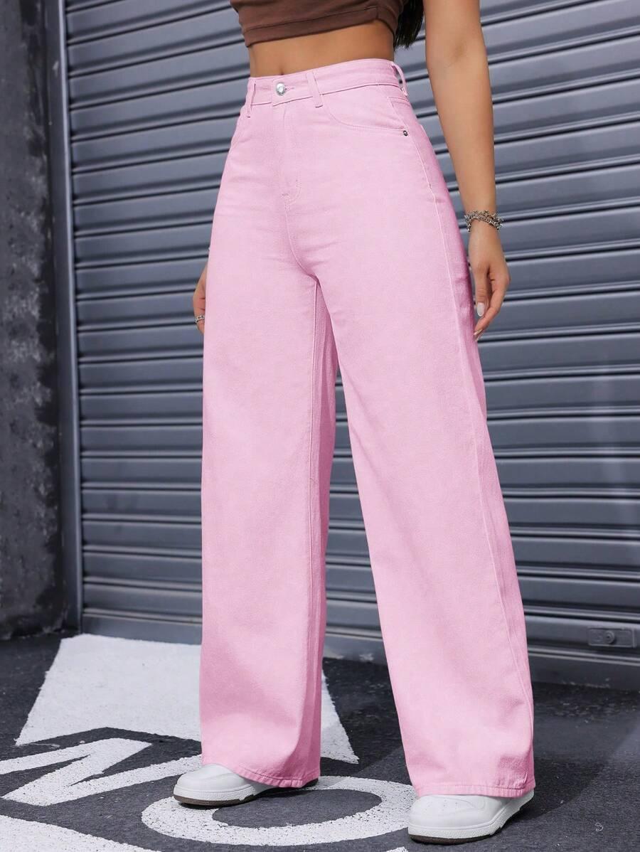 różowe spodnie jeans wysoki stan szeroka nogawka