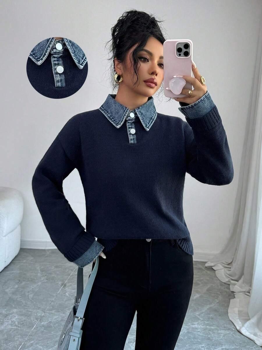 GRANATOWY SWETER KOŁNIERZYK 