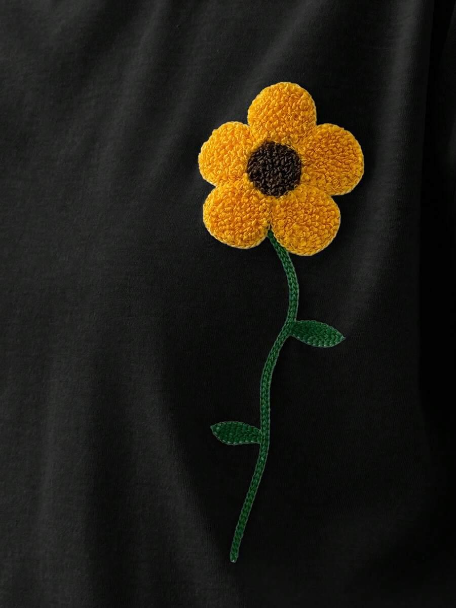 CZARNY T-SHIRT HAFT KWIAT