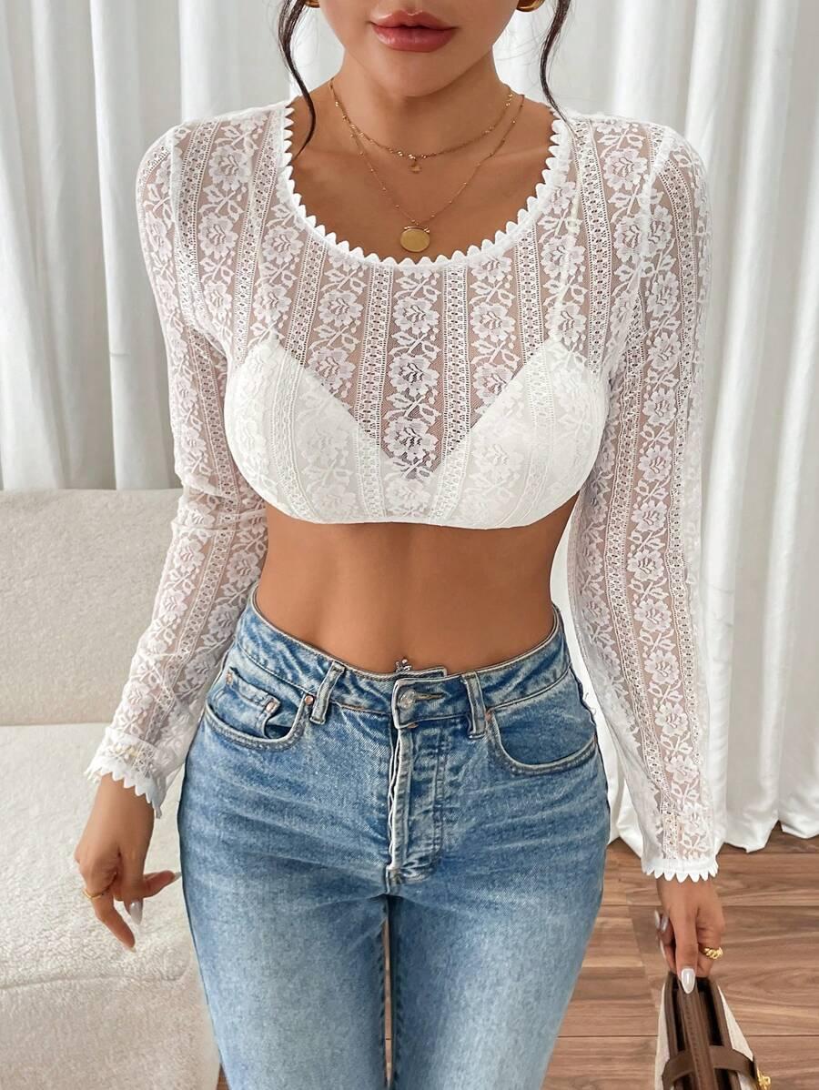 biały crop top długi rękaw koronka 