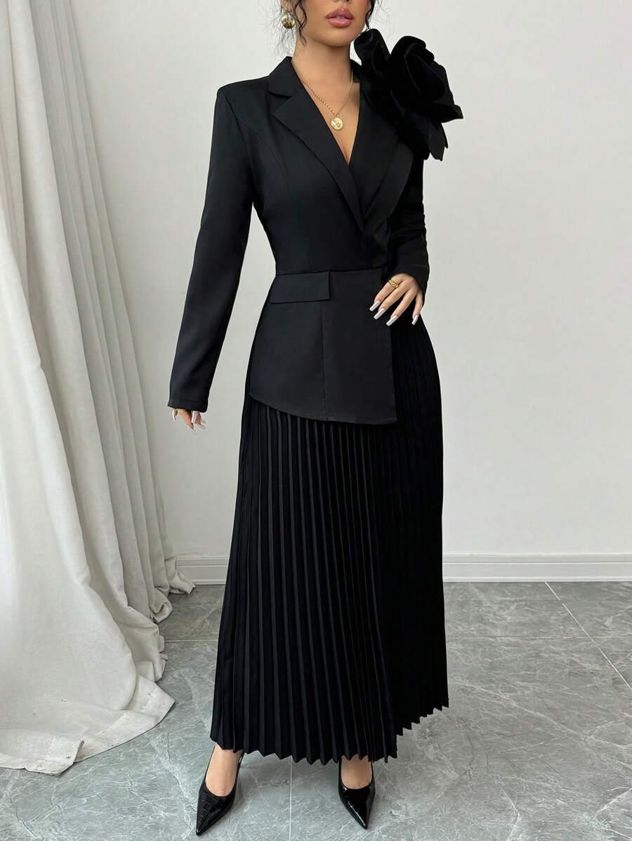 CZARNA SUKIENKA V NECK plisy kwiat 3d