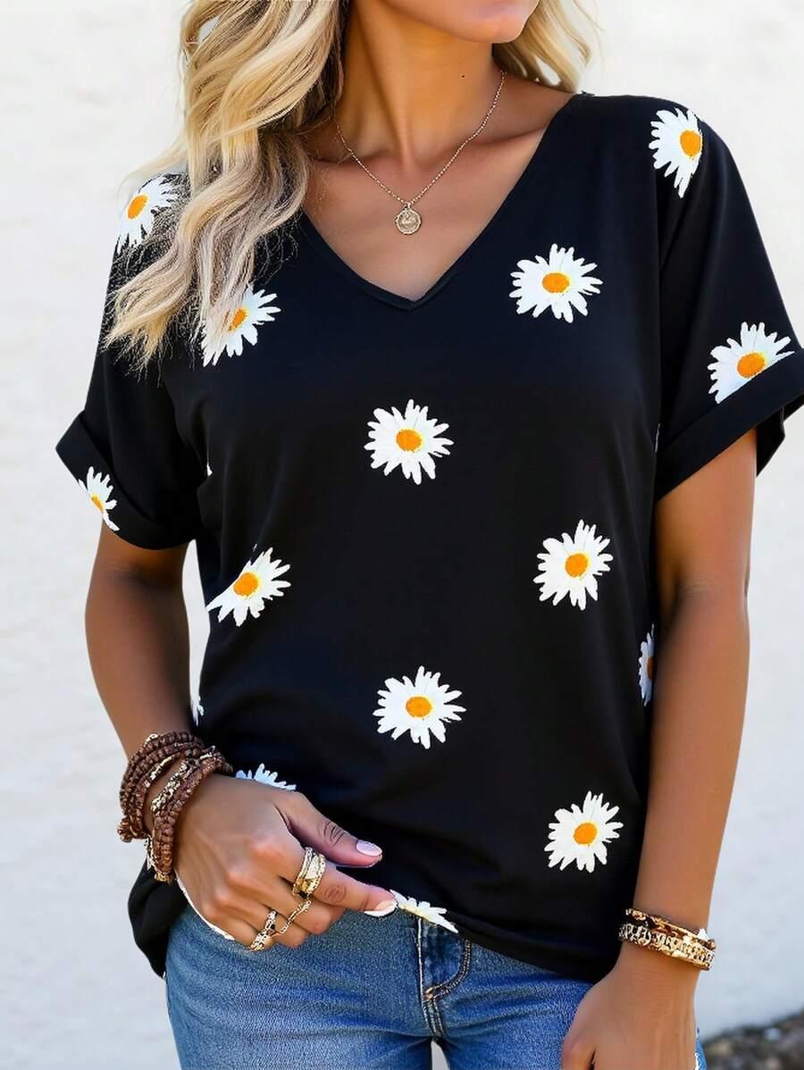 T-SHIRT DAMSKI KWIATY DEKOLT V