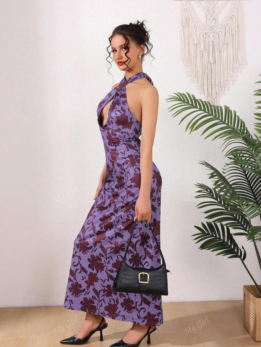 FIOLETOWA MAXI SUKIENKA W KWIATY