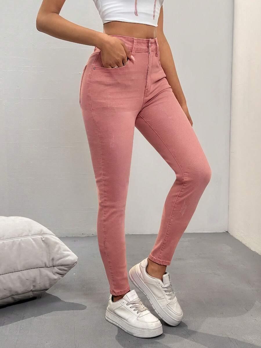 różowe spodnie jeans rurki