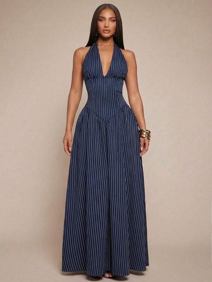 MAXI SUKIENKA V-NECK WZÓR PASKI