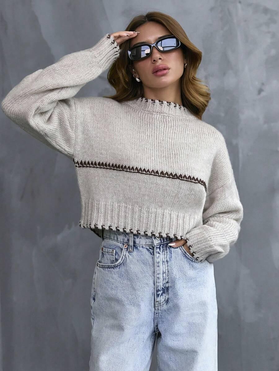 BEŻOWY SWETER DŁUGI RĘKAW