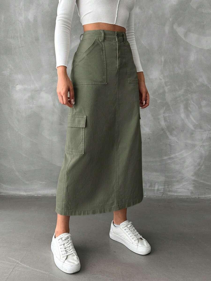 zielona spódnica jeans kieszenie