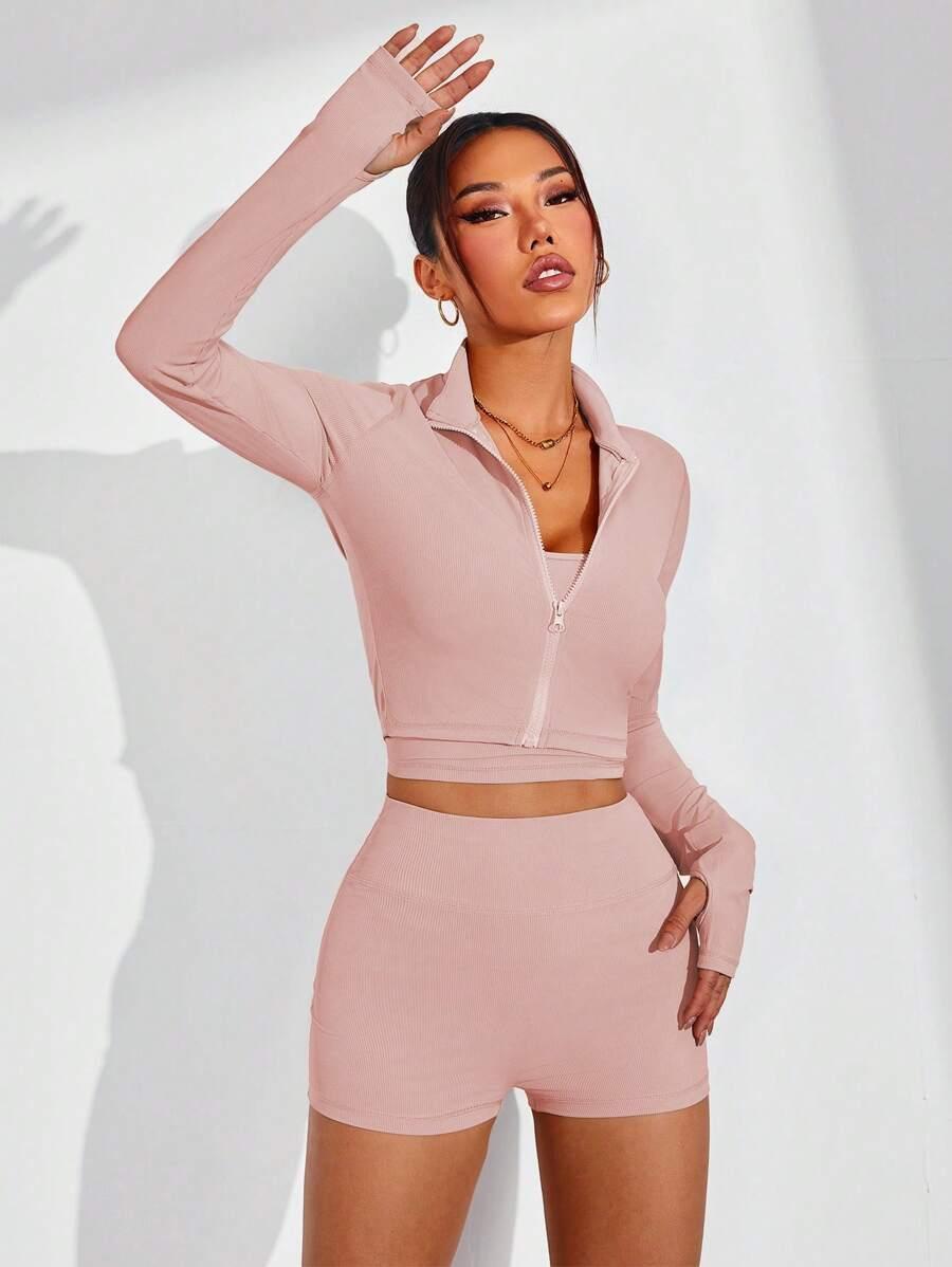 prążkowany komplet sportowy top bluza szorty