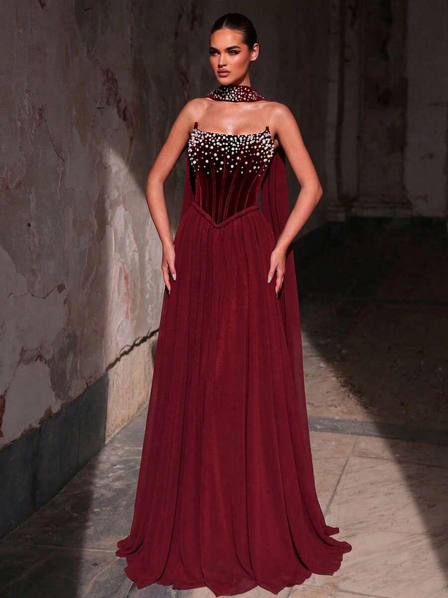 bordowa maxi sukienka odkryta ramiona zdobienie