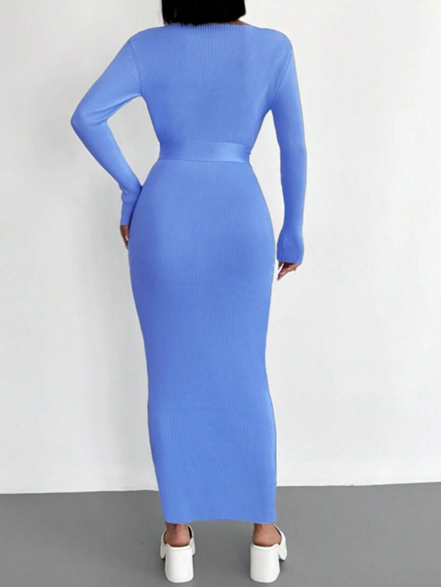 DZIANINOWA MAXI SUKIENKA V NECK PRĄŻKI