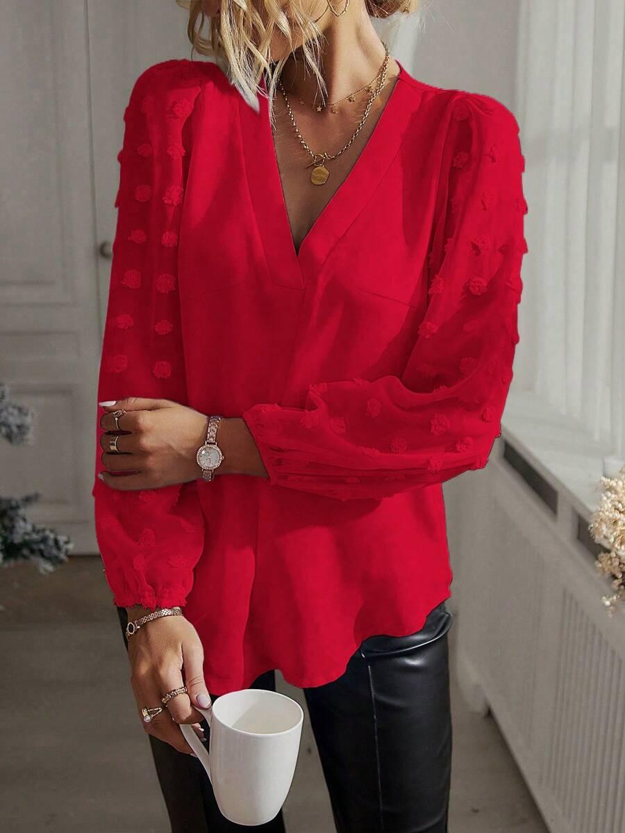 CZERWONA BLUZKA Z DŁUGIM RĘKAWEM V-NECK