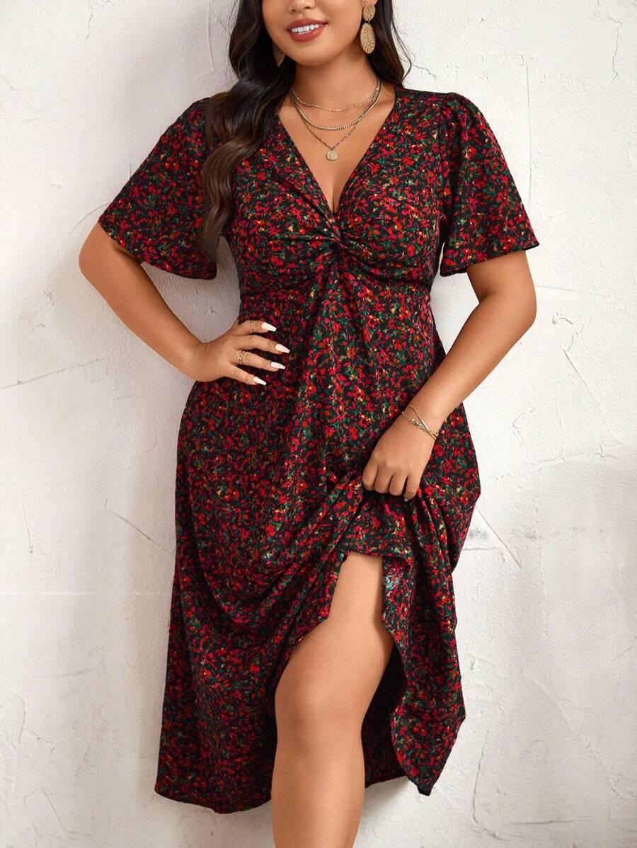 sukienka krótki rękaw wzór kwiaty v neck