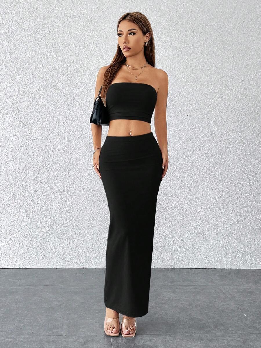 czarny komplet crop top maxi spódnica 