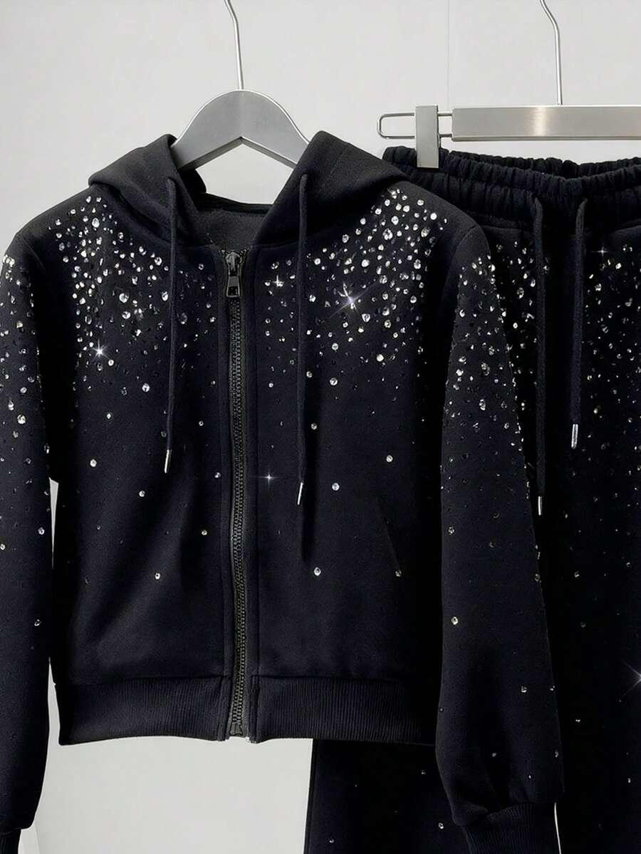 czarny  komplet dresowy bluza spodnie zdobienie cyrkonie