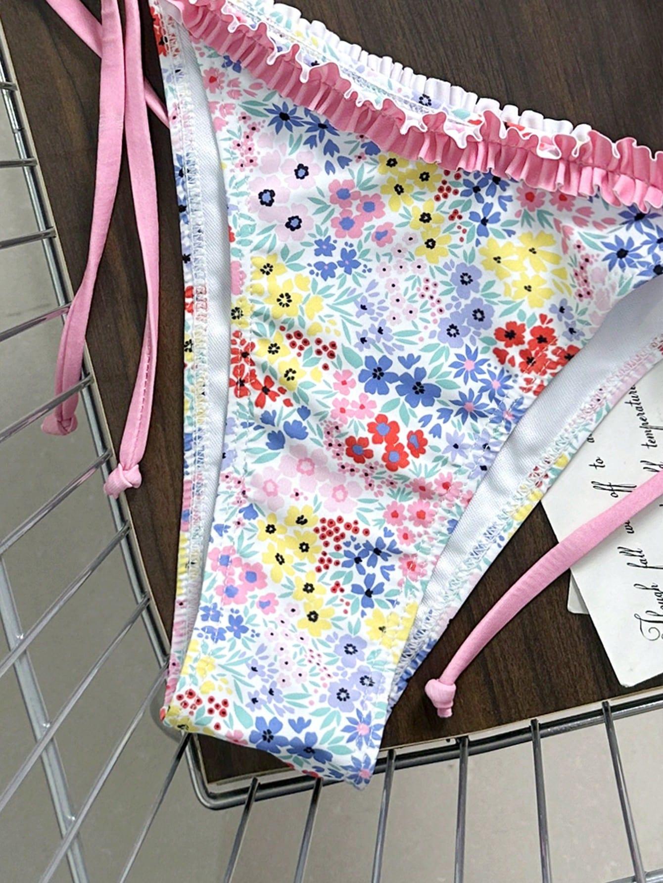 KOMPLET BIKINI WIĄZANY W KWIATY