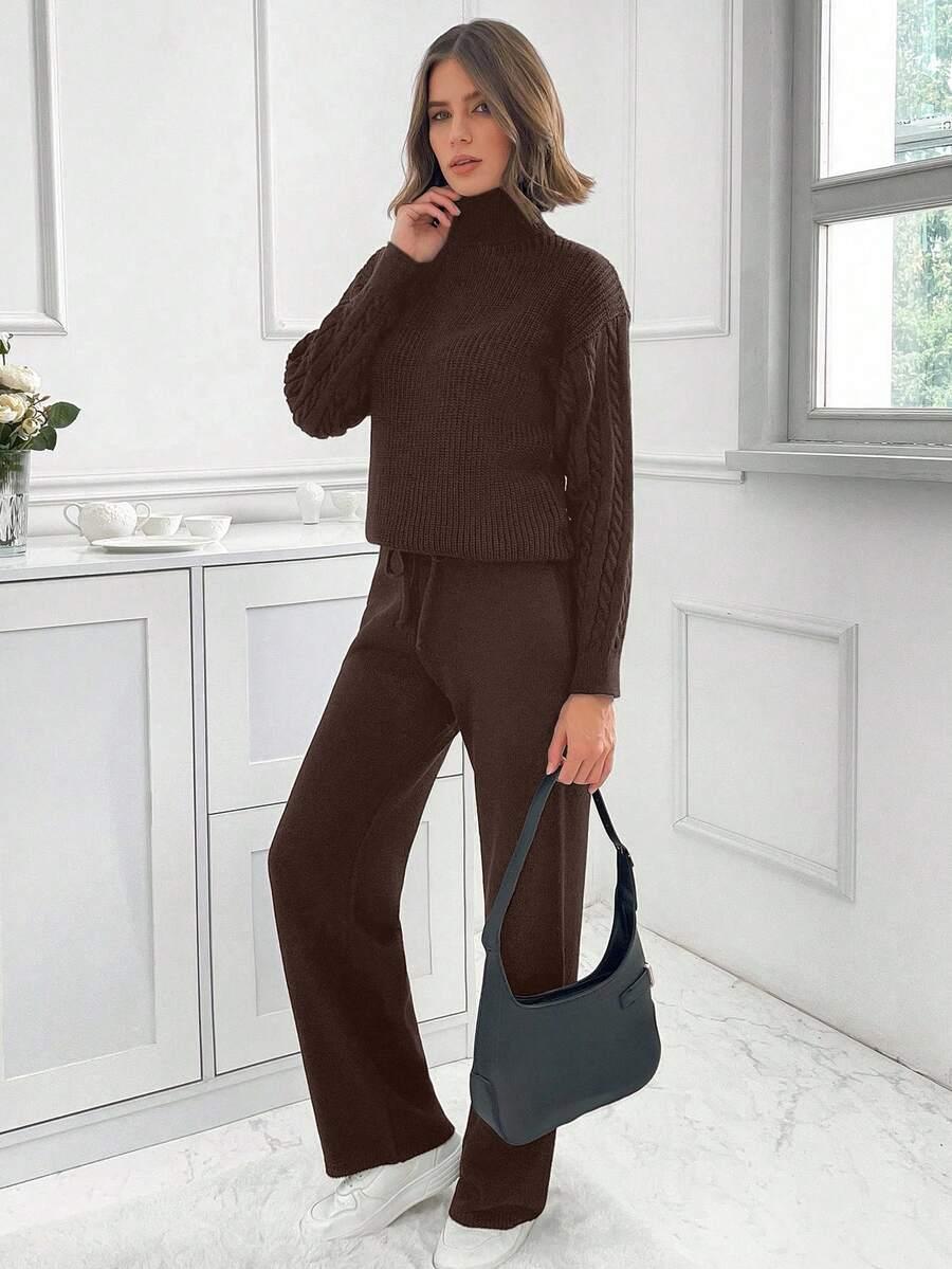 brązowy dzianinowy sweter spodnie komplet 