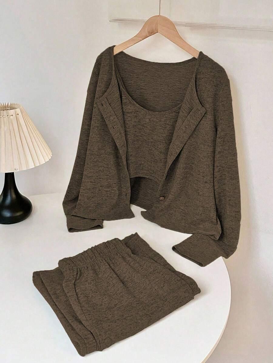 brązowy dzianinowy komplet spodnie sweter top