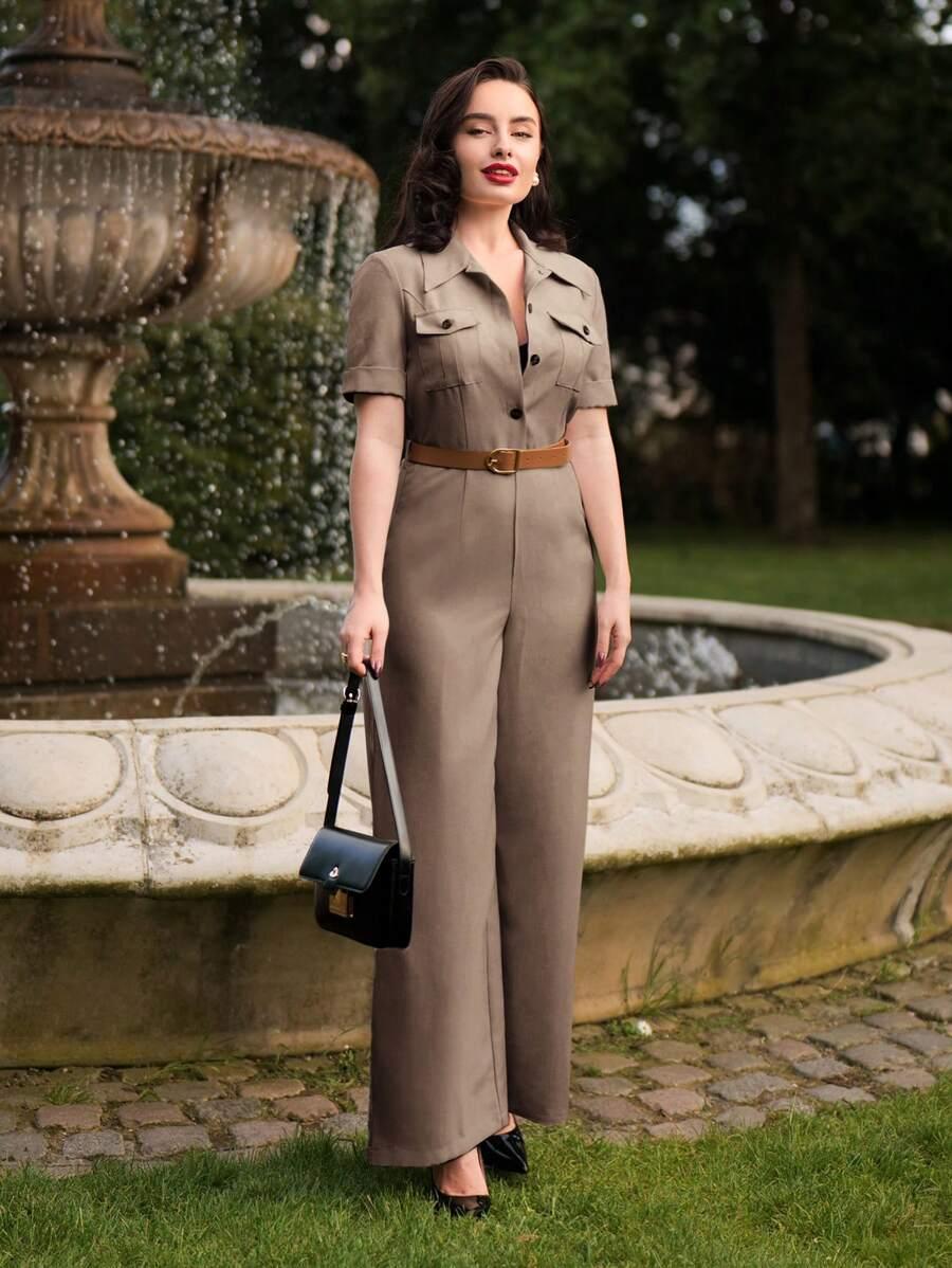  ELEGANCKI DAMSKI KOMBINEZON Z KOŁNIERZEM 