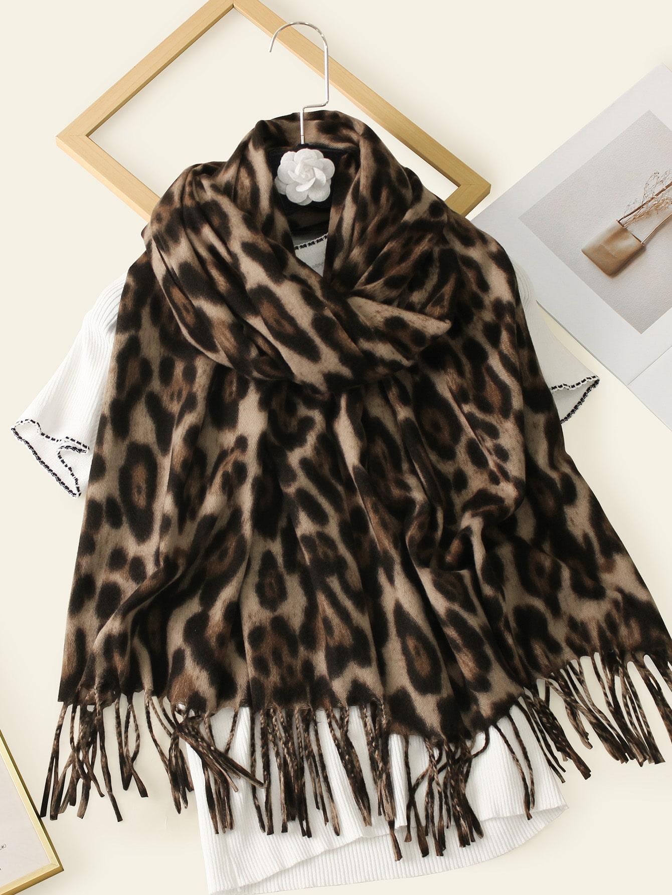 szal animal print frędzle