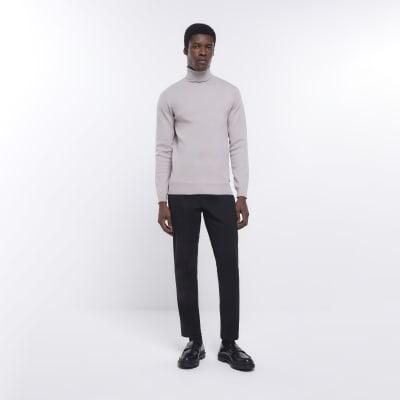 prążkowany sweter z golfem beżowy slim fit