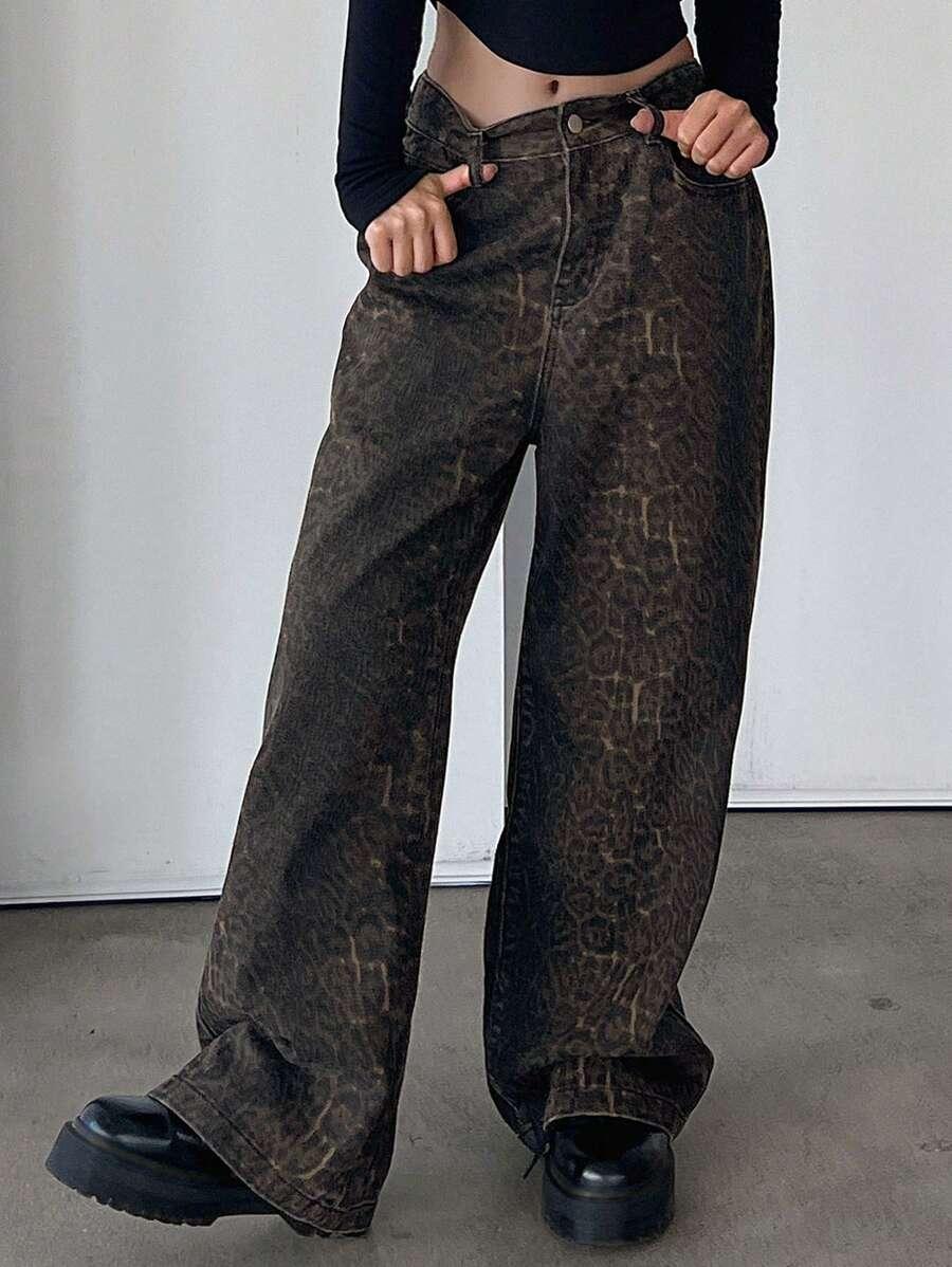 SPODNIE JEANS Z SZEROKIMI NOGAWKAMI ANIMAL PRINT 