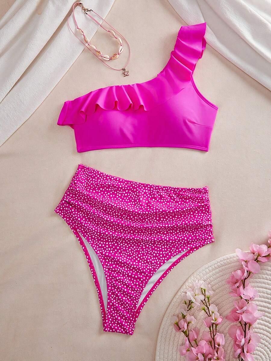 różowy komplet bikini asymetria wzór
