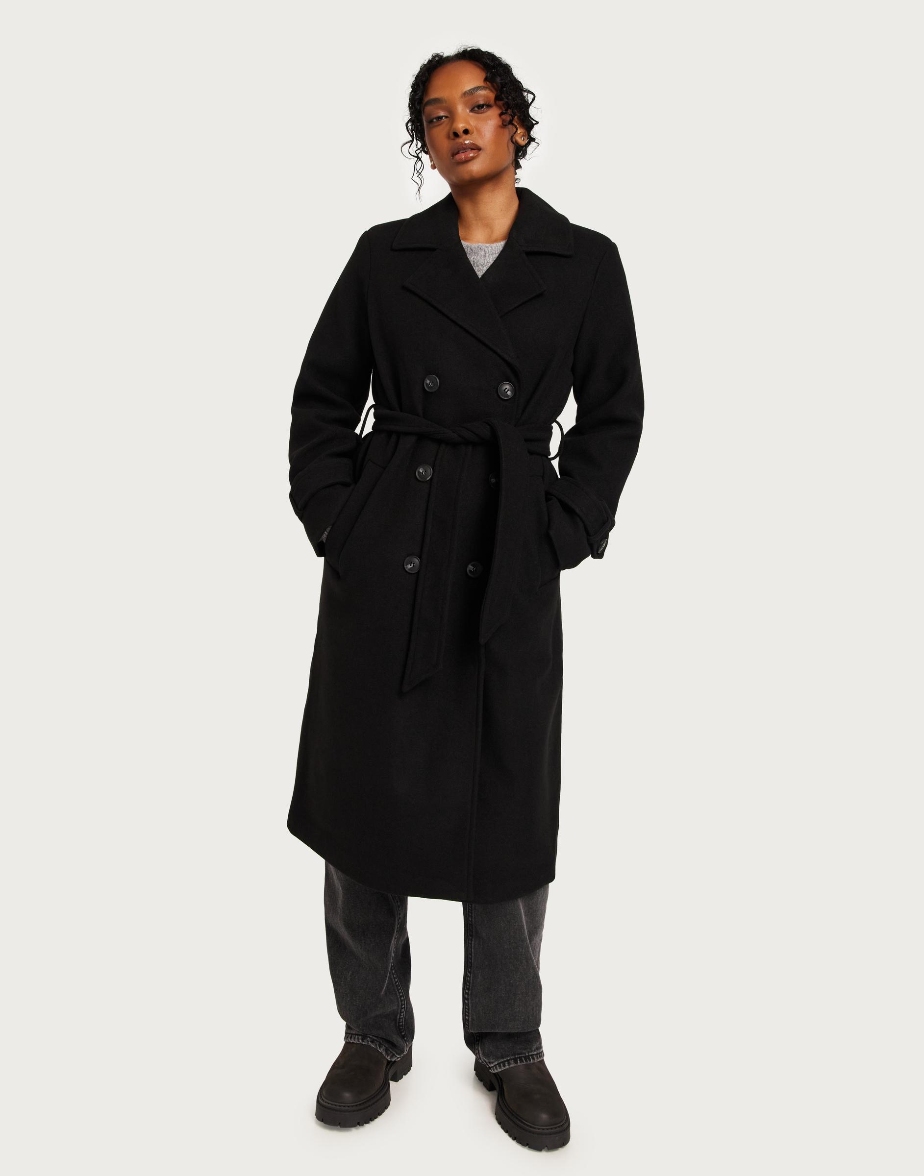 czarny dwurzędowy długi klasyczny płaszcz