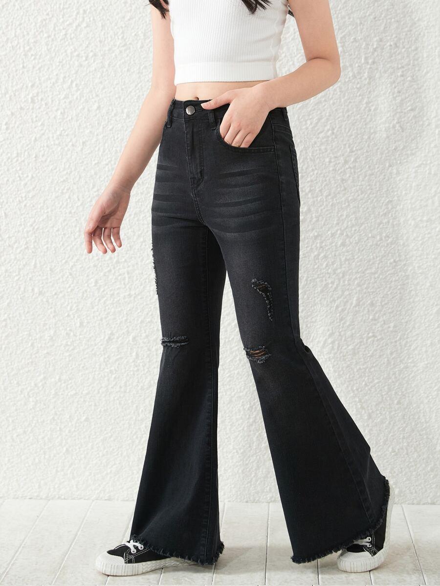spodnie jeans dzwony przetarcia 