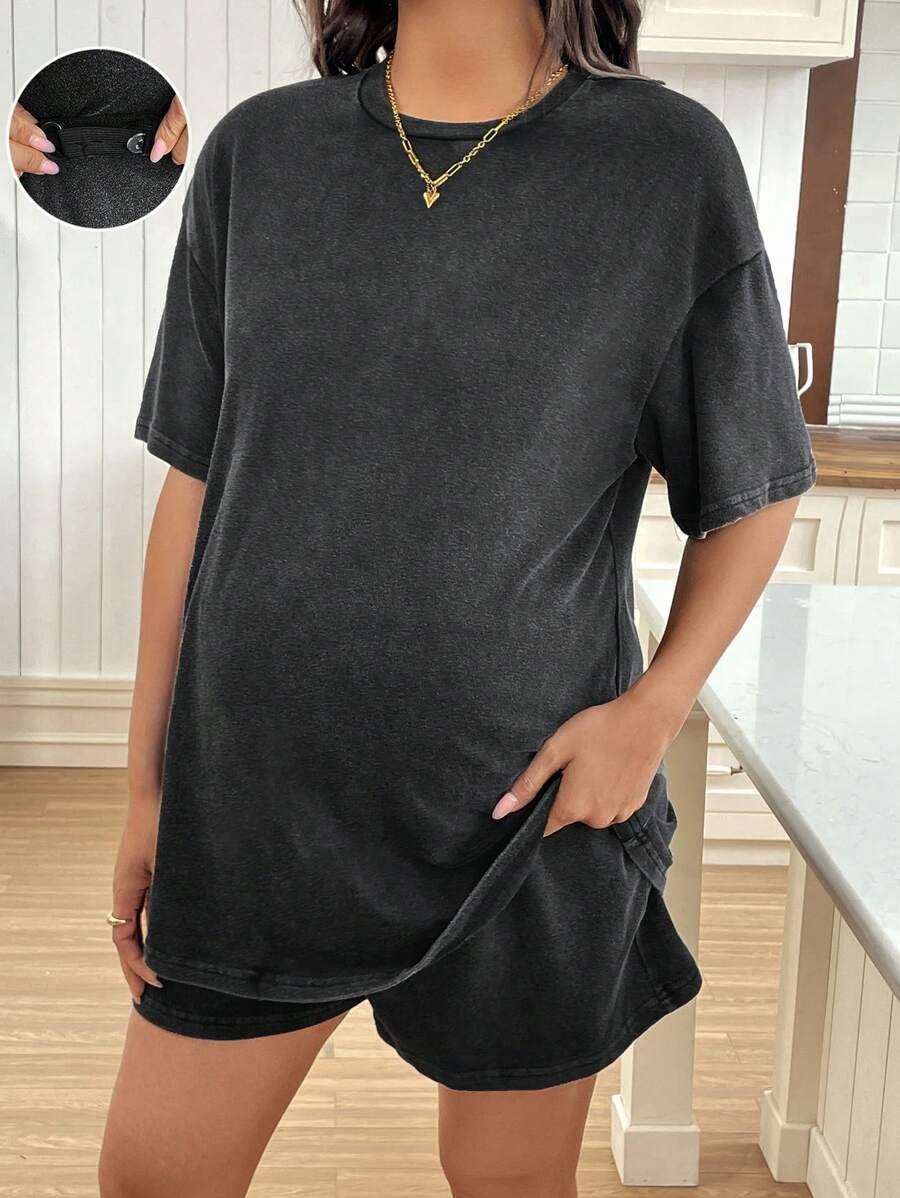 SZARY ciążowy KOMPLET T-SHIRT SPODENKI