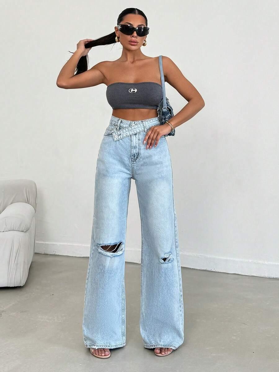 spodnie jeans prosta nogawka przetarcia