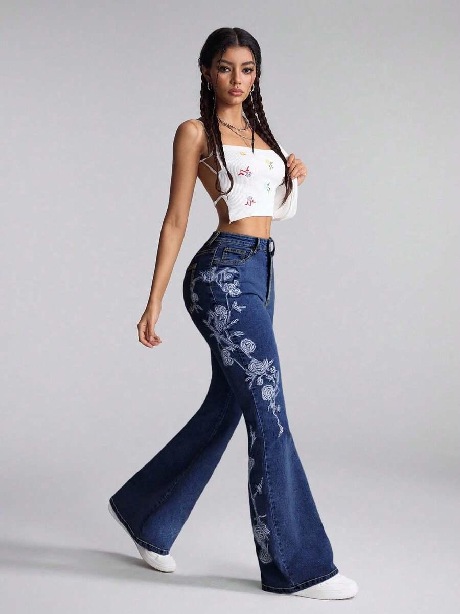 SPODNIE DZWONY JEANS HAFT