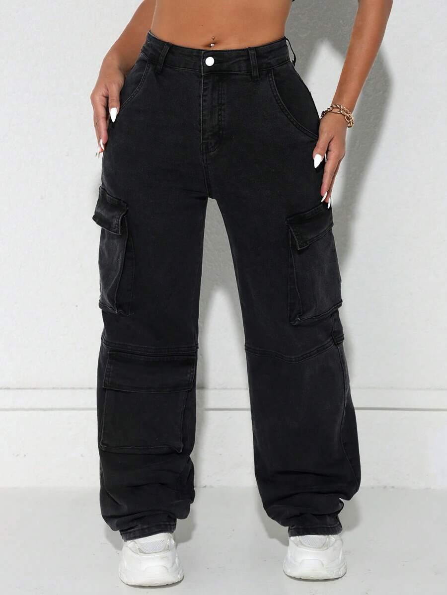 CZARNE SPODNIE JEANS CARGO